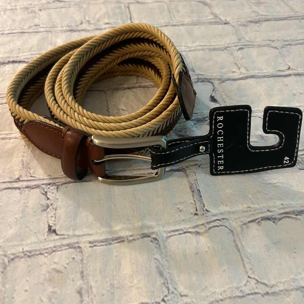 ROCHESTER LEATHER BRAIDED WOVEN MENS BROWN AND TAN BELT SILVER BUCKLE SIZE 42